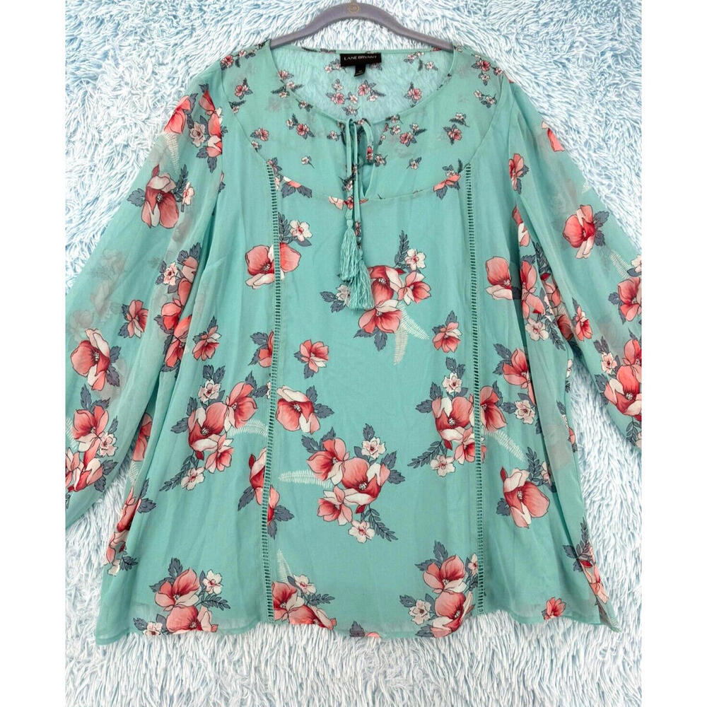 Lane Bryant Women's Size 22 Floral Balloon Sleeve Keyhole Tassel Neck Top - Chic - Picture 9 of 13